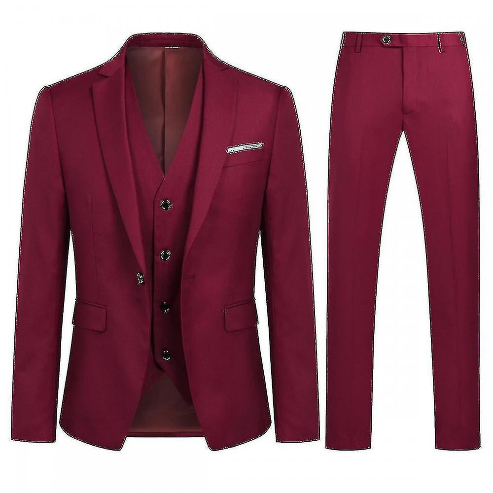 Syhww Men's Suit Business Casual 3-pieces Suit Blazer Pants Vest 9 Colors Z M Dark Red