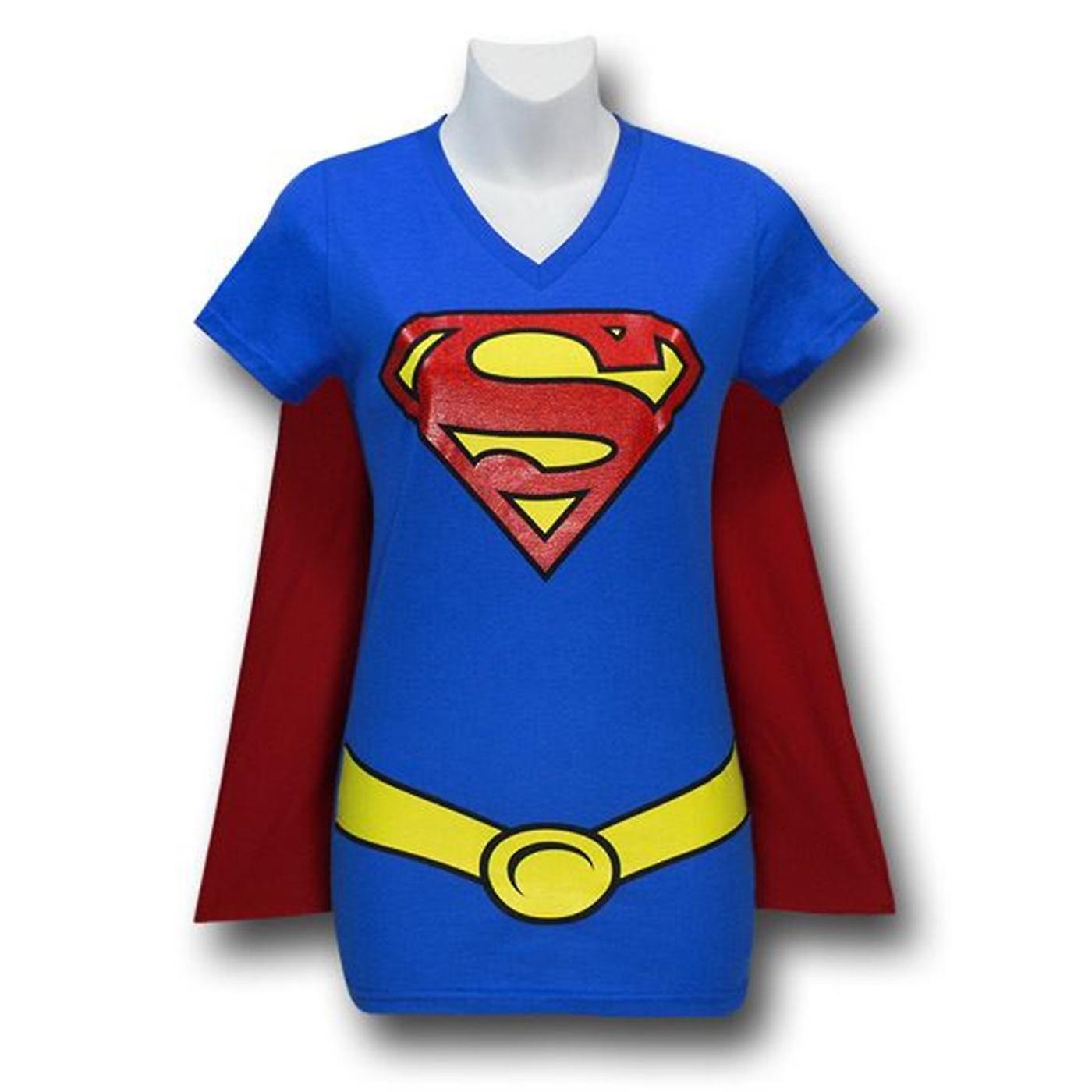 DC Comics Supergirl Women's V-Neck Caped Costume T-Shirt Blue Large