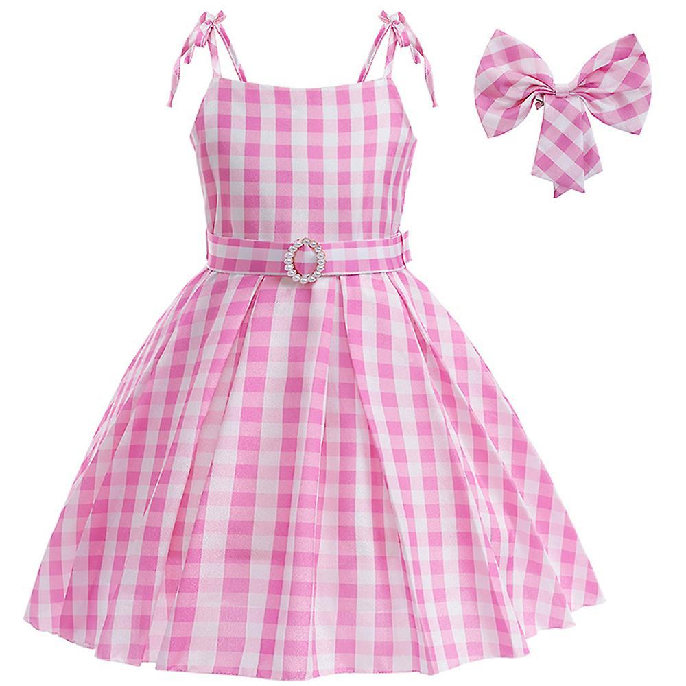 Ochime Barbie Cosplay Costume Dress Girls Margot Robbie Movie Outfit Kids Pink White Gingham Fancy Dress Party Dress Up With Bow Hair Clip pink/whi...