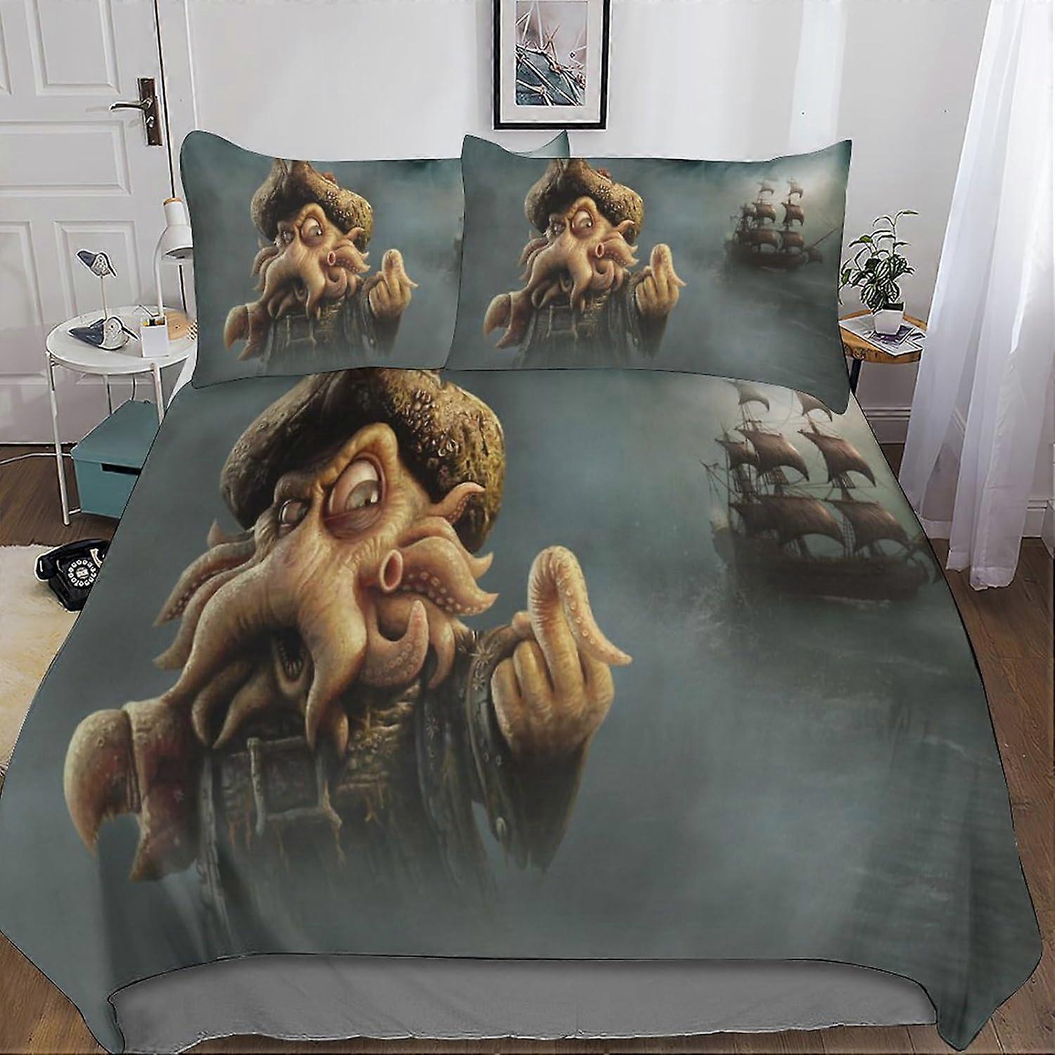 Kerota 3pcs Pirates of the Caribbean Duvet Cover 3D Printed Pillowcase Bed Linen, Zipper Closure Microfiber Movie Bedding Set for Adults and Kids D...