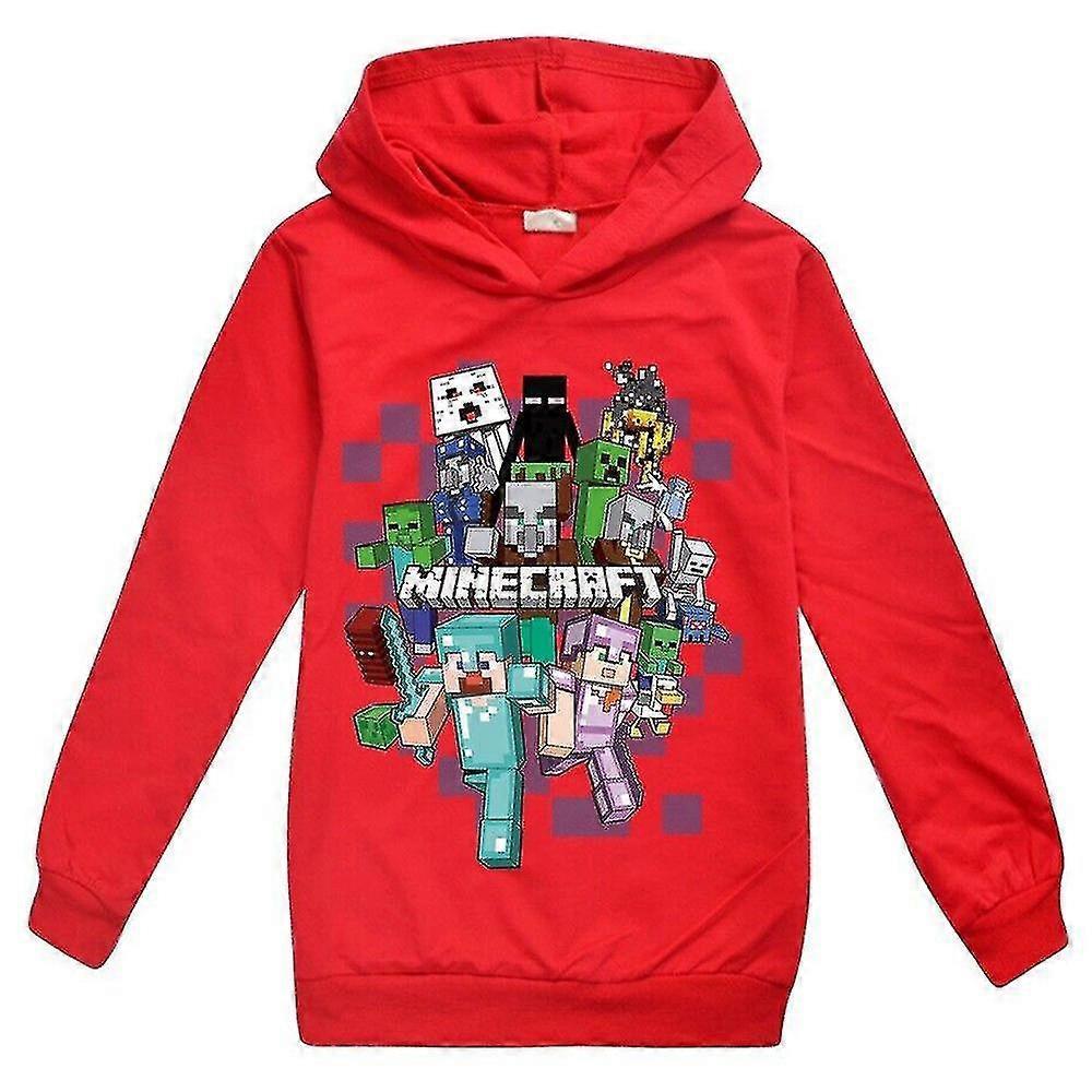 Unbrand Minecraft Print Kids Boys Girls Hoodie Sweatshirt Casual Long Sleeve Hooded Pullover Tops Red 11-12Years