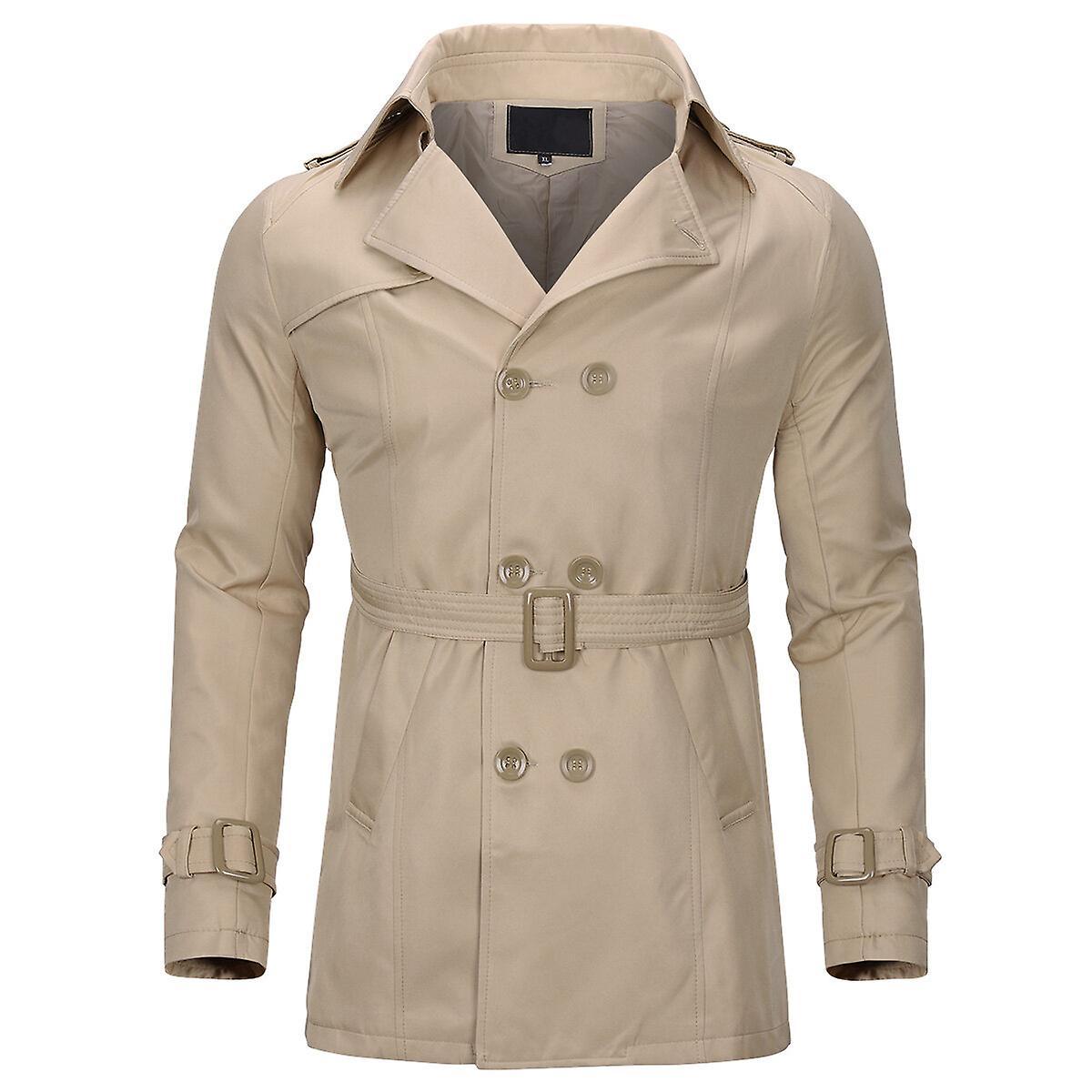 Allthemen Mens Double-Breasted Solid Lapel Trench Coat Khaki M