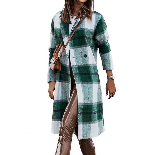 Coats 2023 Women's Fashionable Spring Coat Vintage Coat Plaid Print Warm Medium Length Jacket Coat Coat Lapel Autumn Coat Green 2xL