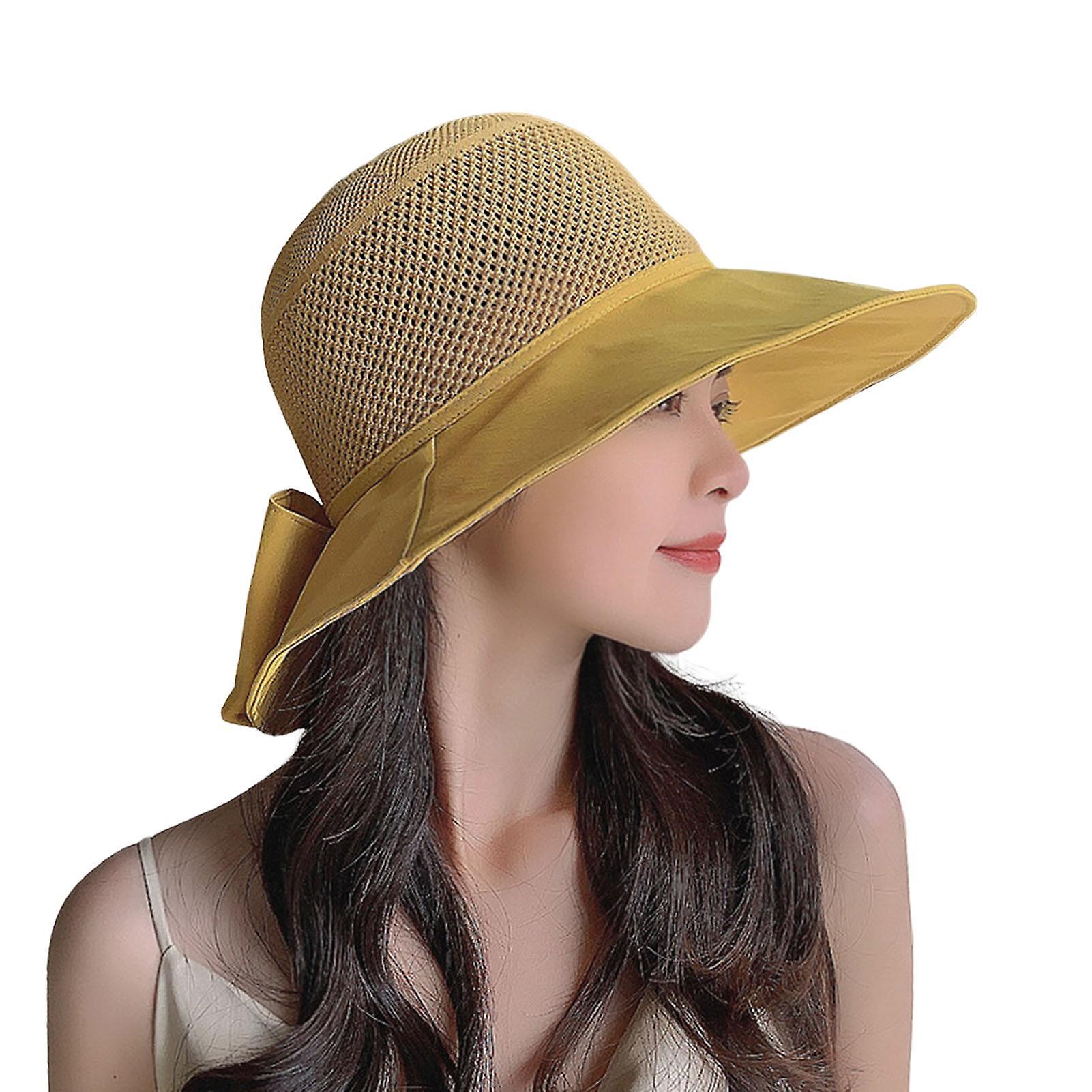 Tuelaly Women Fisherman Hat Hollow Out Breathable Bow-knot Decor Wide Brim Letter Print Sunscreen Deep Decorative Lady Sun Hat Headwear Yellow