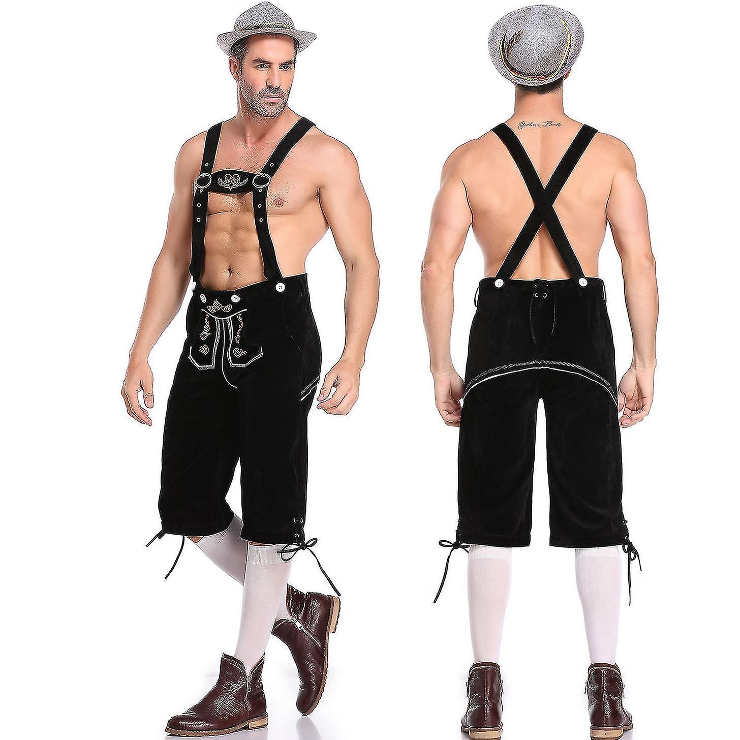 Bean Men's German Bavarian Oktoberfest Lederhosen Trousers Costume BLACK 2XL