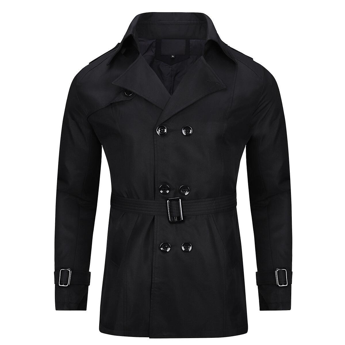 Sliktaa Mens Belted Windbreaker Slim Fit Trench Coat Black M