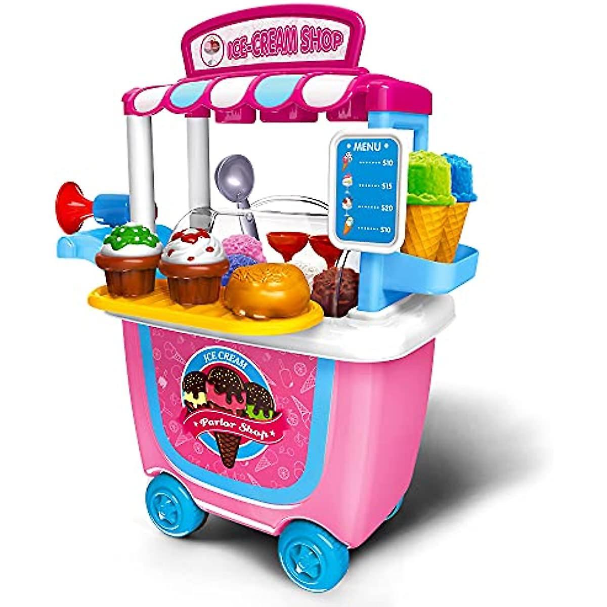 Wonvin Kids Pretend Ice Cream Cart Shop Set Role Play Food Toys Cake Small Trumpet Cream Decoration