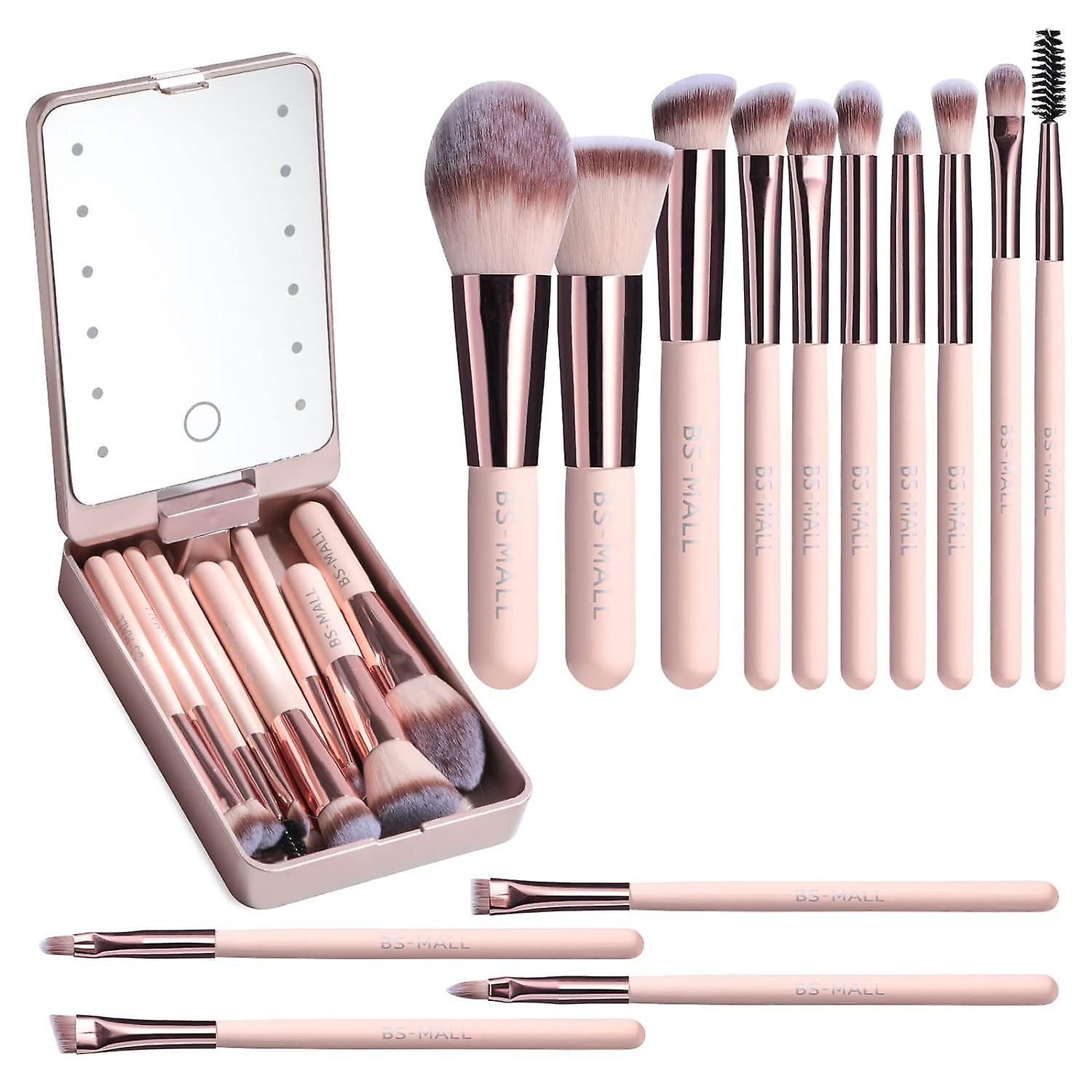 Heyone Travel Makeup Brush Set Foundation Powder Concealers Eye Shadows Makeup Set with LED light Mirror 14 Pcs (APINK)