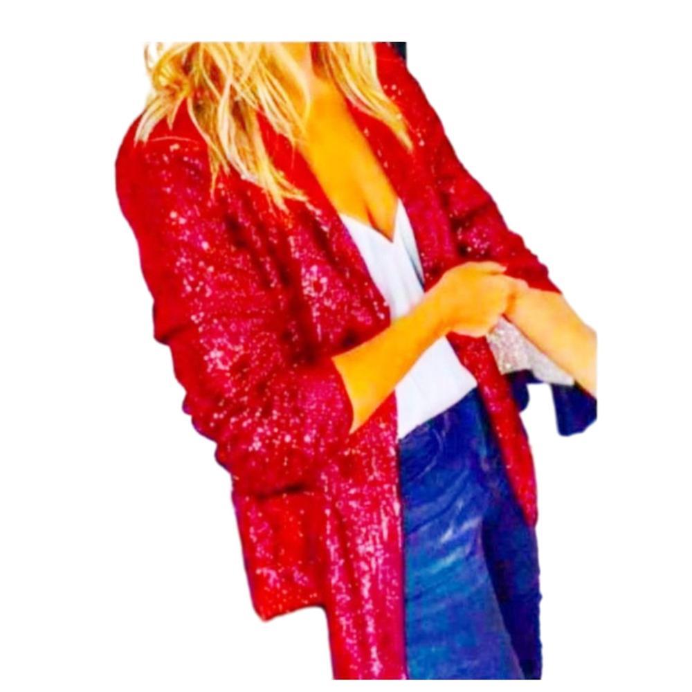 Jielin Sequin Glitter Jacket Women's Sequin Blazer With Glitter Long Sleeve Bomber Jacket RED 3XL