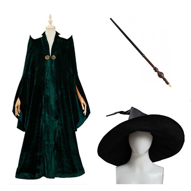 Roobeki Professor Minerva McGonagall Cosplay Costume Green Rope Cape Hat Wand Full Halloween Suit robe with hat wand XL