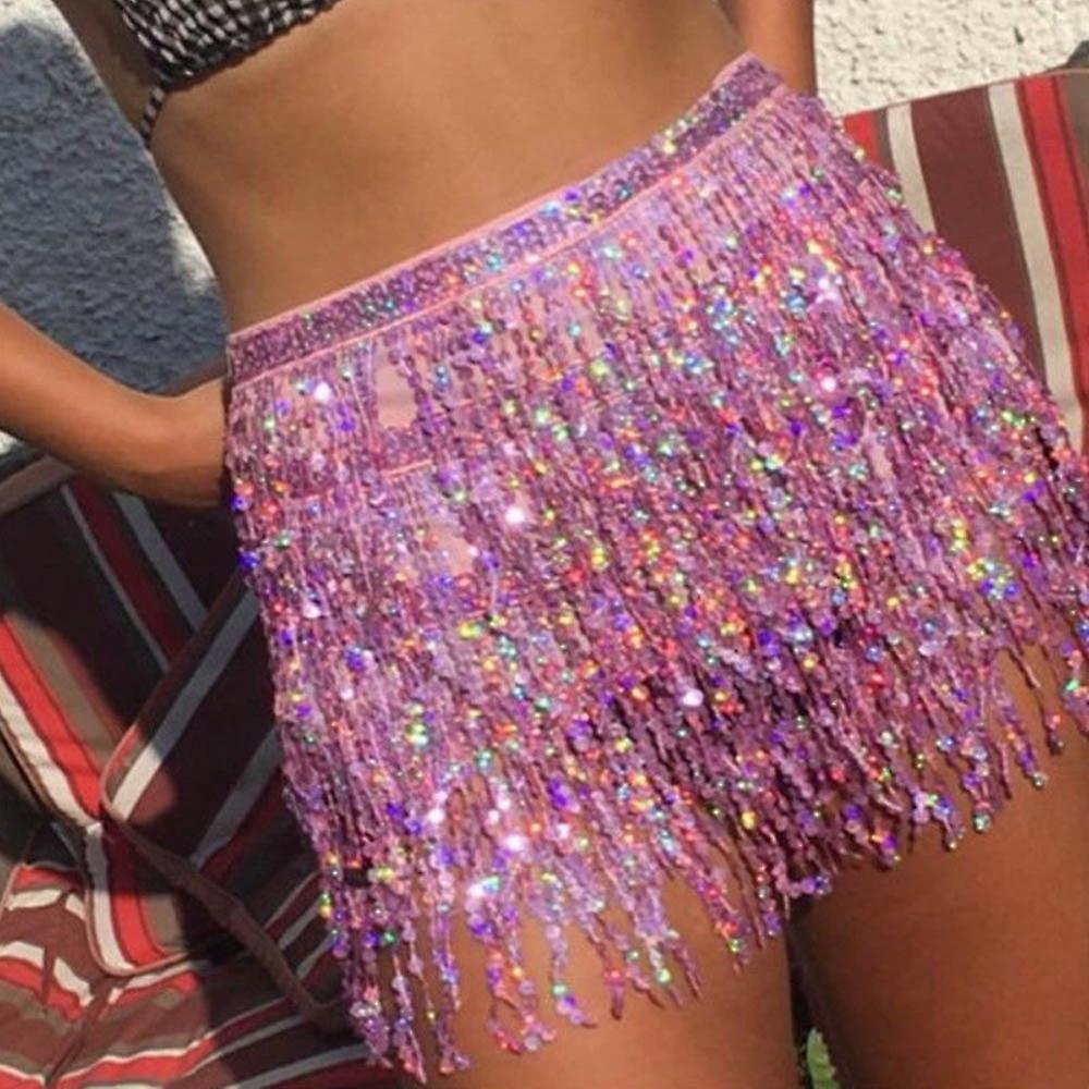 Hongy Mardi Gras 2024 Women Sequin Belly Costume Tassel Wrap Skirt Club Mini Skirt Pink Free Size