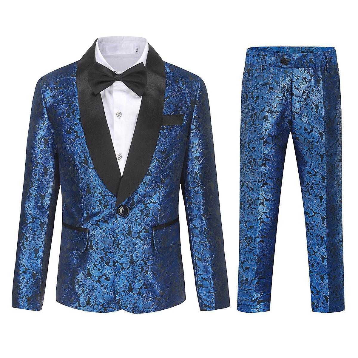 Sliktaa Boys Teen Suit 2Pcs Embroidery Printing Dress Formal Wedding Blazer and Pants Blue 170CM