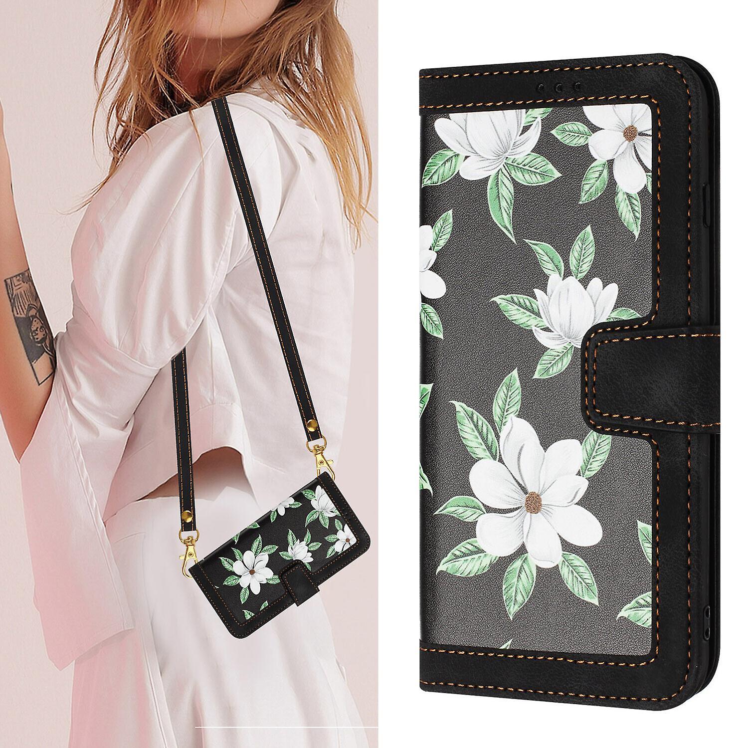 Gangxun Case For Iphone 15 Pro Detachable Crossbody Lanyard Strap Wallet Cover Flower Pattern Pu Leather Case Compatible With Iphone 15 Pro Black