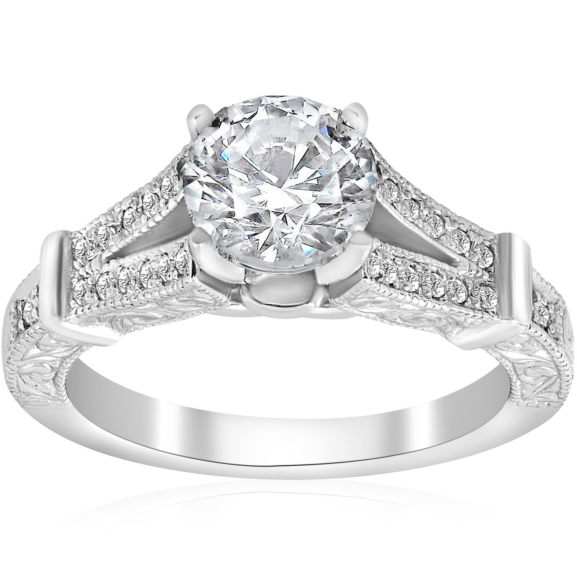 Pompeii3 1 3/4ct Vintage Diamond Engagement Ring Split Shank 14k White Gold 6