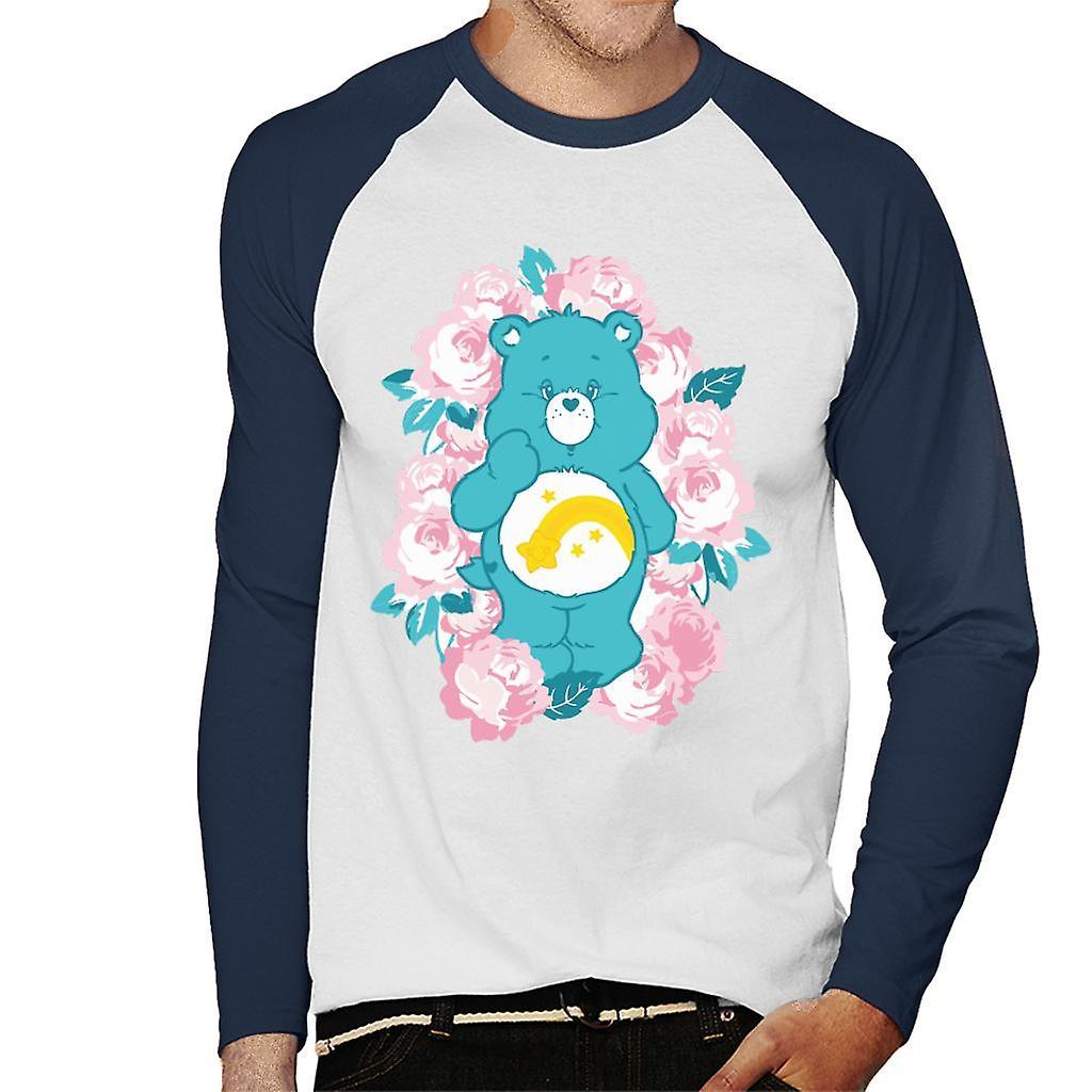 Care Bears Wish Bear Pink Flowers Men's Baseball Long Sleeved T-Shirt White/Navy Medium