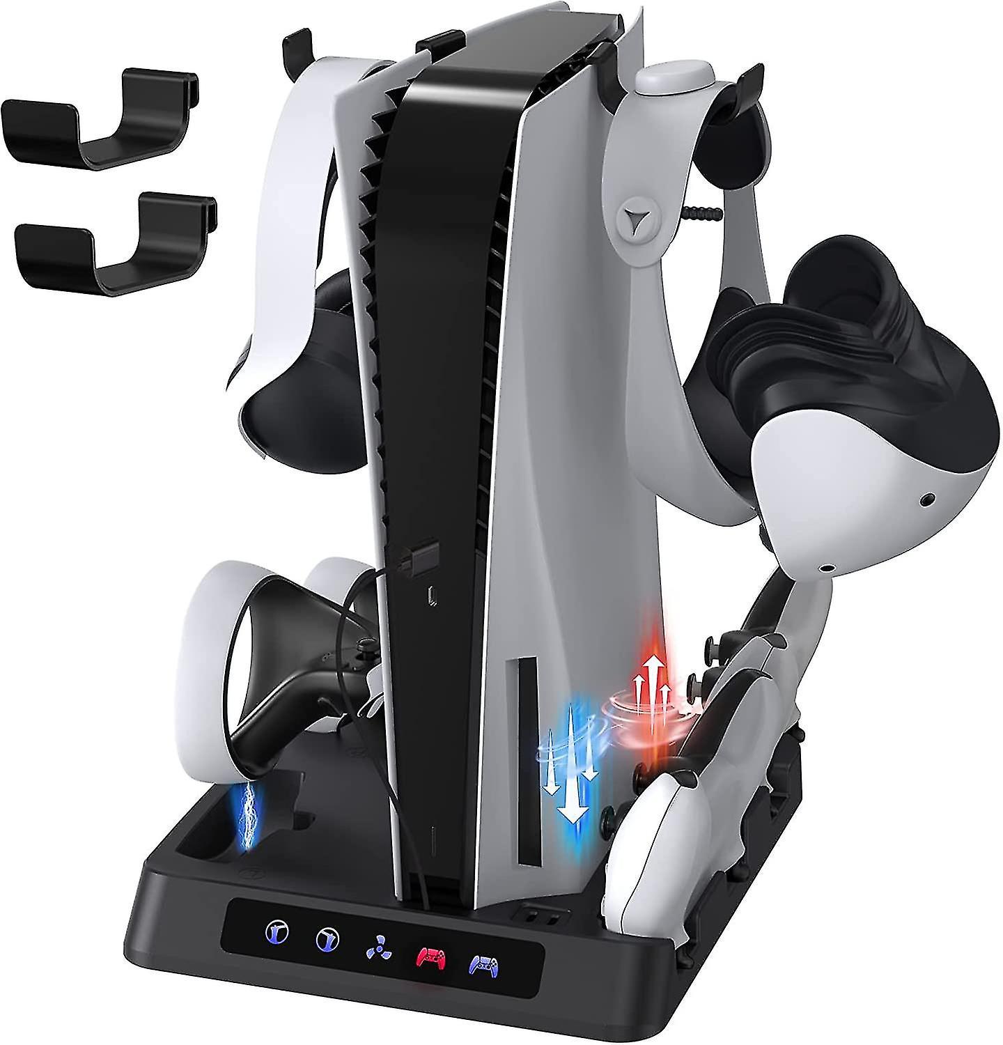 Fongwan Charging Stand For Ps5 And Ps Vr2, Vertical Stand With Cooling Fan And Dual Controller Charging Station, With Ps Vr2 Headsets Holder Black