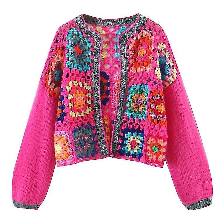 Spring New Contrasting Crochet Hollow Knit Cardigan For Women - Snngv Rose red