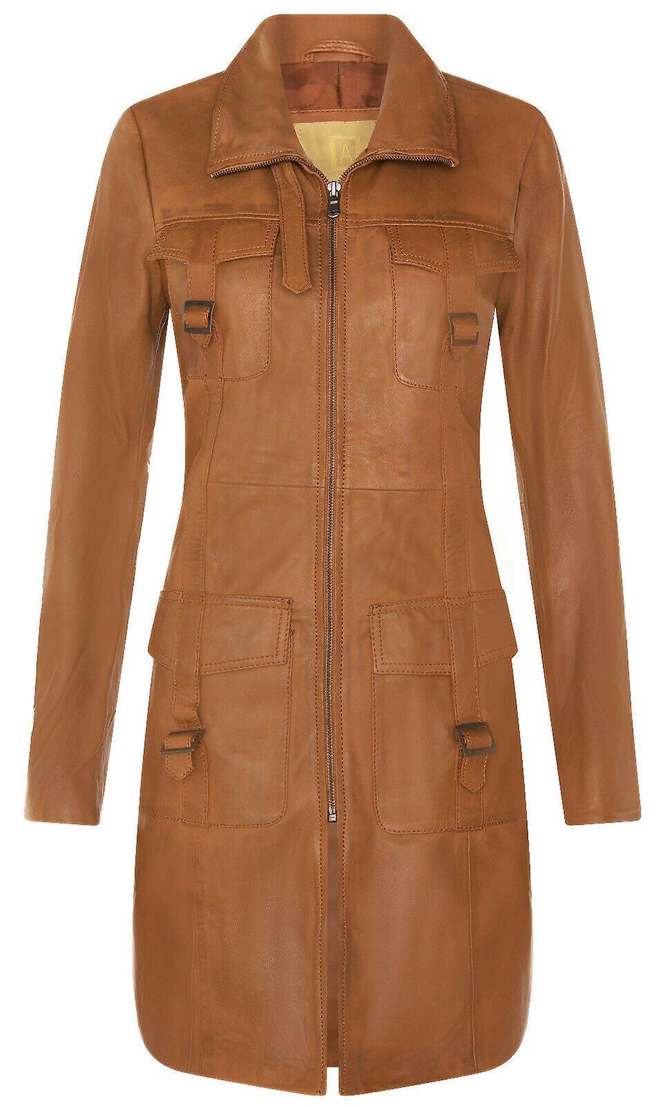 Truclothing Ladies Leather Trench Coat Tan Leather  Jacket Tan Brown M