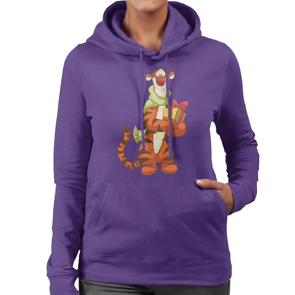 Disney Christmas Tigger Holding Present Women's Hooded Sweatshirt Purple Small