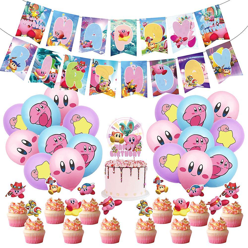 Waytogo Kirby Theme Kids Happy Birthday Party Supplies Kit Balloons Banner Cake Cupcake Toppers Decoration Set