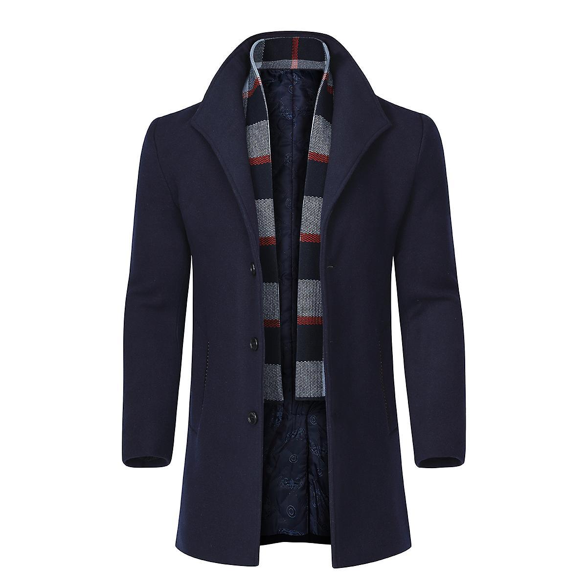 Allthemen Mens Casual Winter Slim Fit Single-Breasted Wool Overcoat&Scarf Navy Blue S