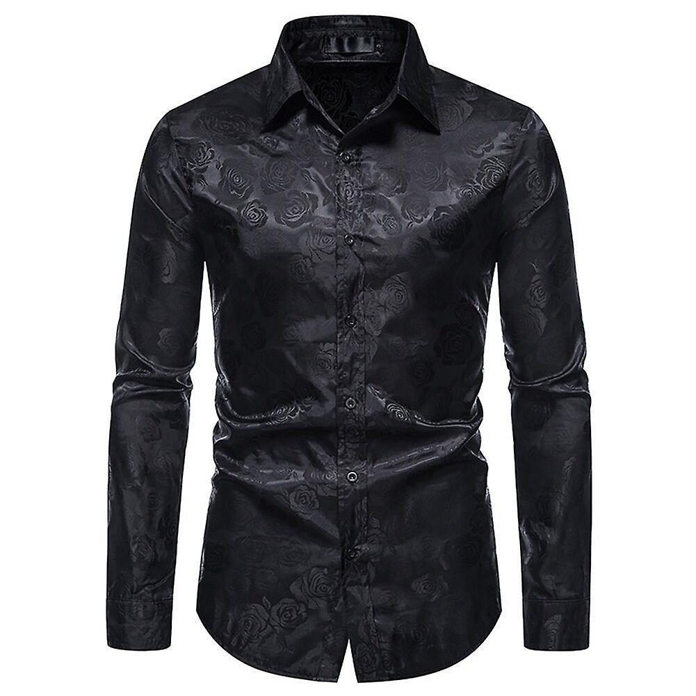 Allthemen Mens Casual Slim Lapel Rose Floral Long-sleeved Shirt Black M