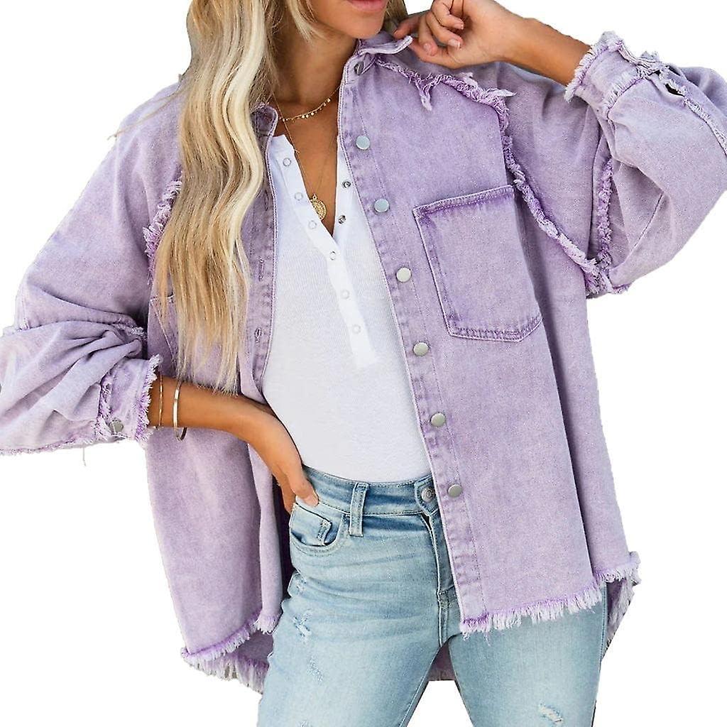 Morakot Womens Causal Denim Jean Jacket Oversized Long Sleeve Distressed Ripped Fringe Jacket Shacket Coat With Pockets Purple X-Large