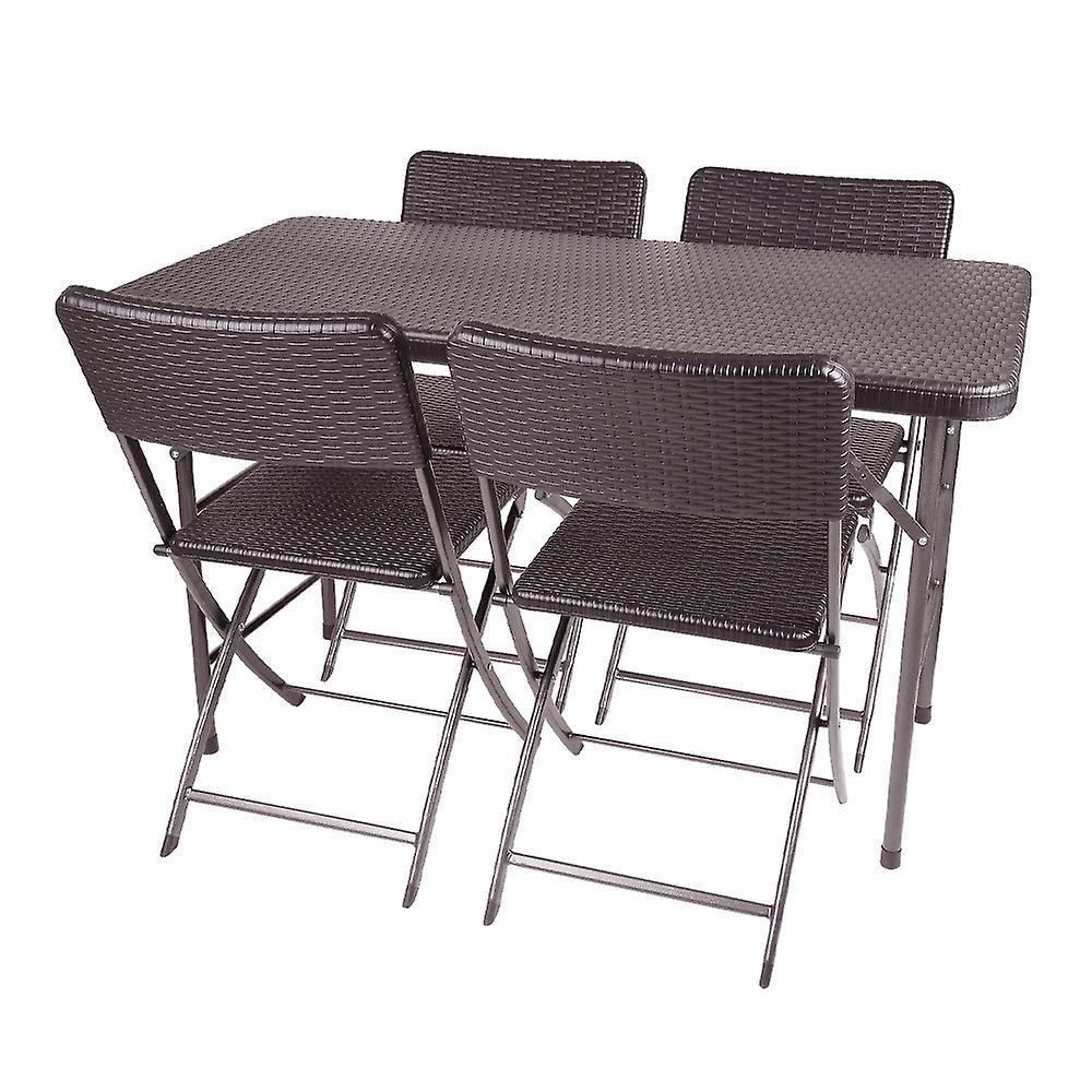 Living And Home Rectangular Rattan Plastic Folding Table & Set of 4 Folding Chairs Brown