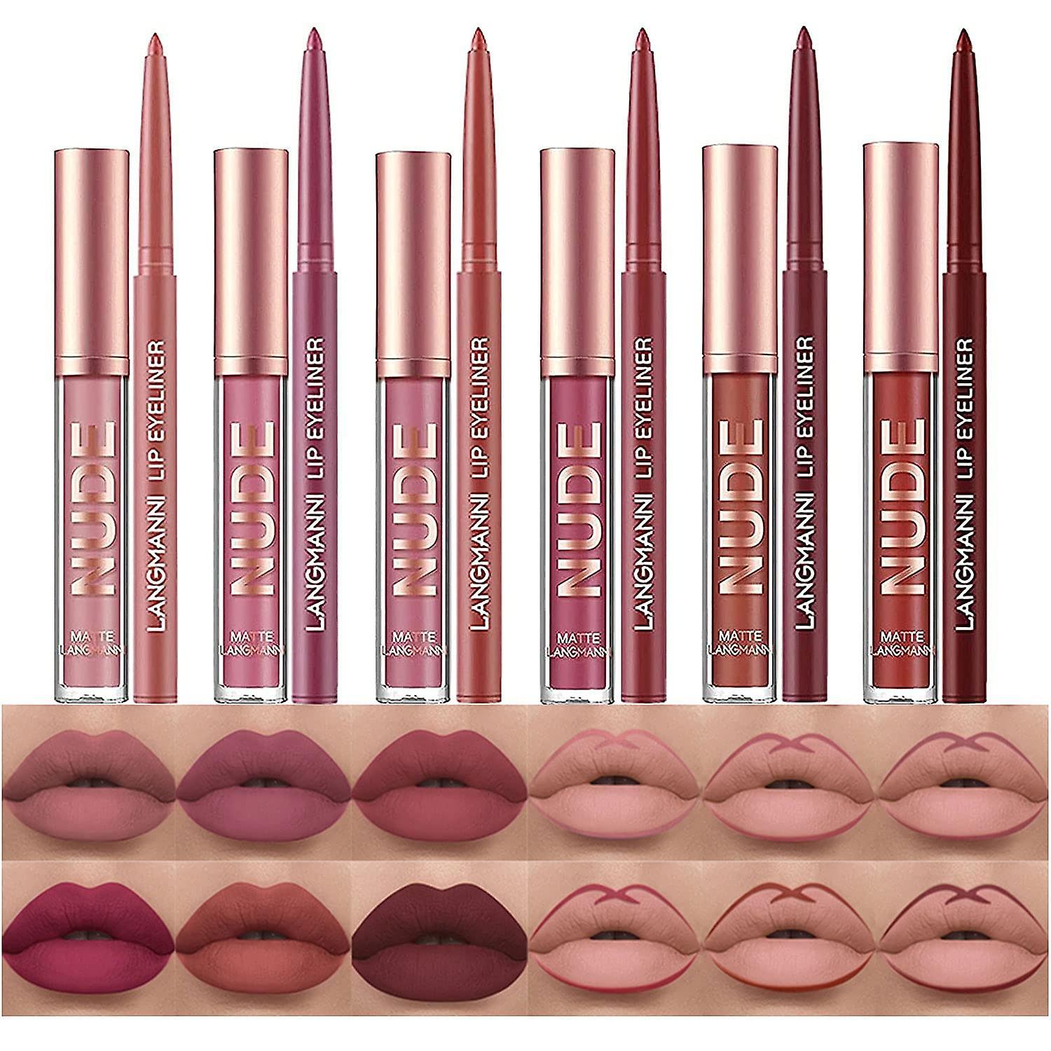 El Contente 12pcs Lip Liner Lip Gloss Set Velvety Matte Liquid Lipstick Long Lasting Lip Makeup Kit