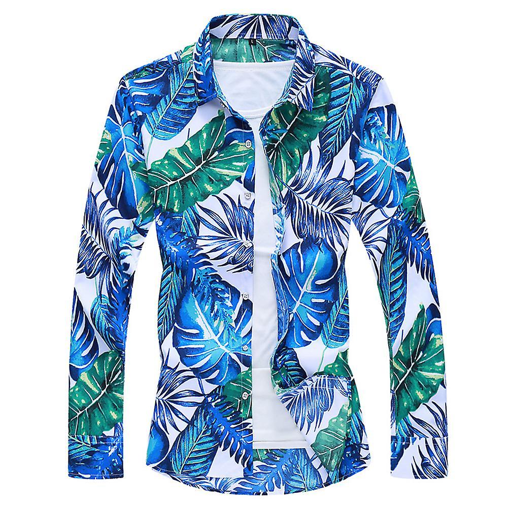 Allthemen Mens Casual Hawaii Beach Floral Lapel Long-Sleeve Shirt Blue/Green/White S