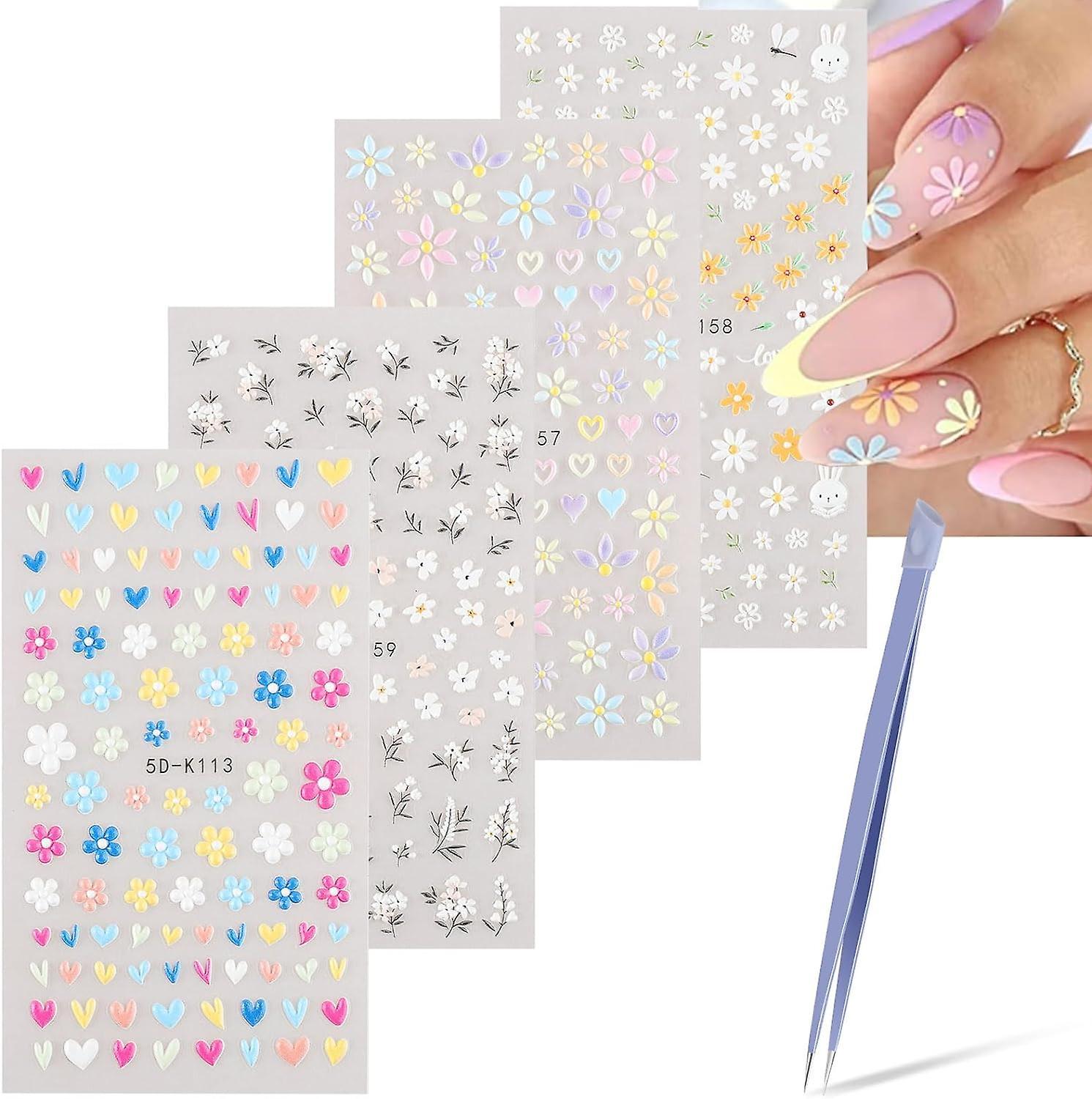 Liangnv Flower Nail Stickers, 5d Embossed Nail Decals Nail Design Self-adhesive Nail Supplies, Colorful Flower Nail Stickers For Women Nail Decoration