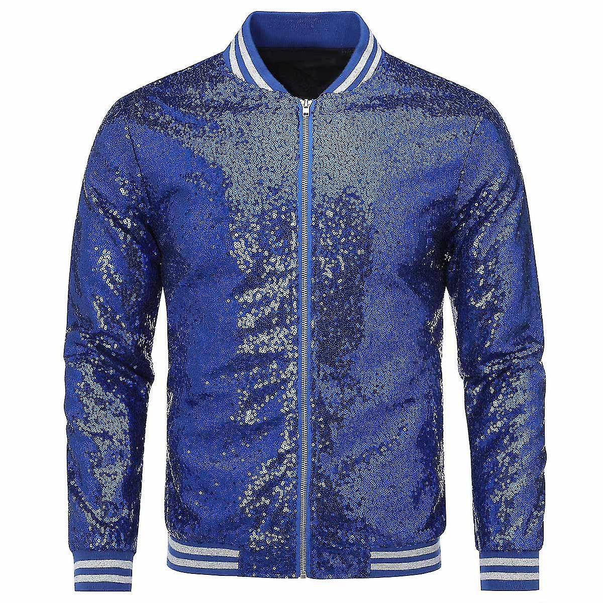 Allthemen Mens Sequins Casual Zipper Party Bomber Jacket Blue XL