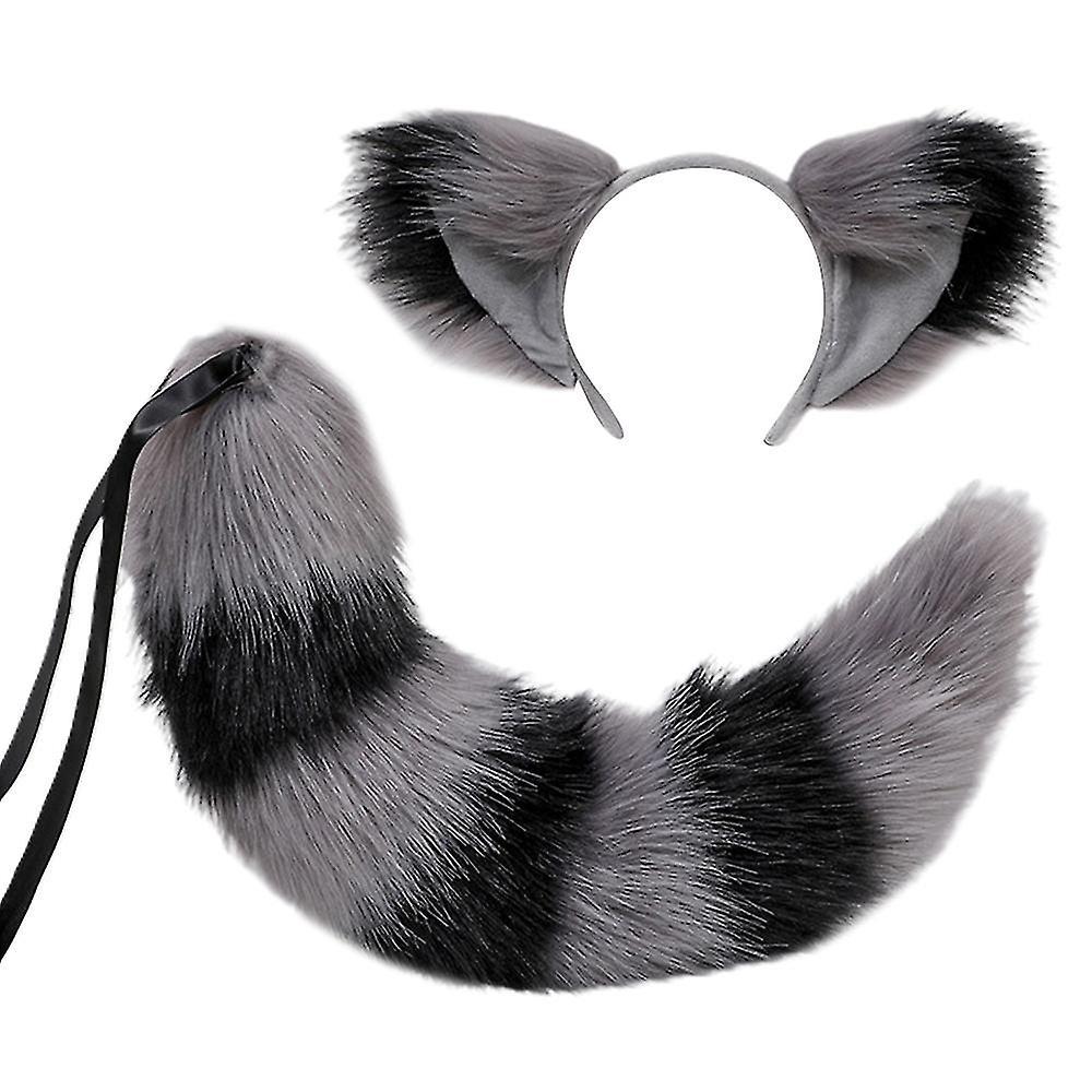 Fox Tail And Ears,cat Wolf Raccoon Ears Tail Set,animal Furry Tail, Ears Headbands,halloween Christmas Costume - Snngv Gray black color