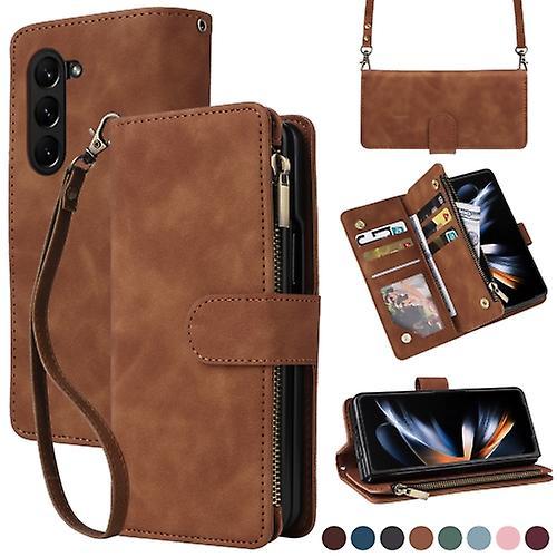 Mycase For Samsung Galaxy Z Fold5 5g Crossbody Multi-card Slot Wallet Zipper Leather Phone Case Brown