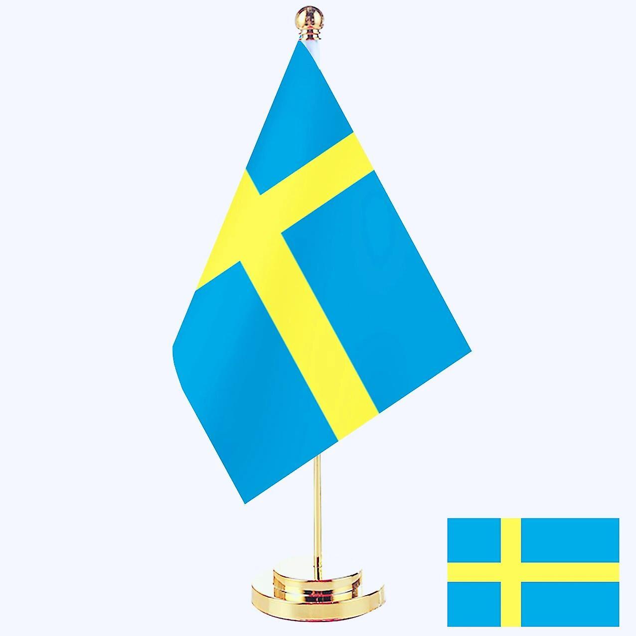 Scitoo 14x21cm Mini Flag Of Sweden Banner Meeting Boardroom Table Desk Stand Stainless Steel Pole The Swedish Flag National Design Sweden Gold Color