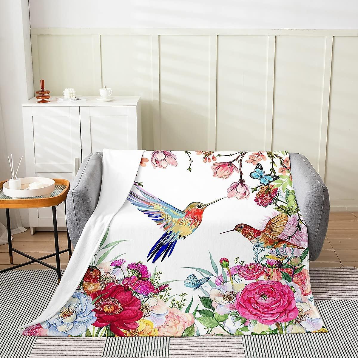 Kerota Hummingbird Flannel Fleece Throw Blanket,All Season Tropical Birds Bed Blanket Hummingbird Flowers Fuzzy Blanket For Bed Sofa,Bedroom Farmho...