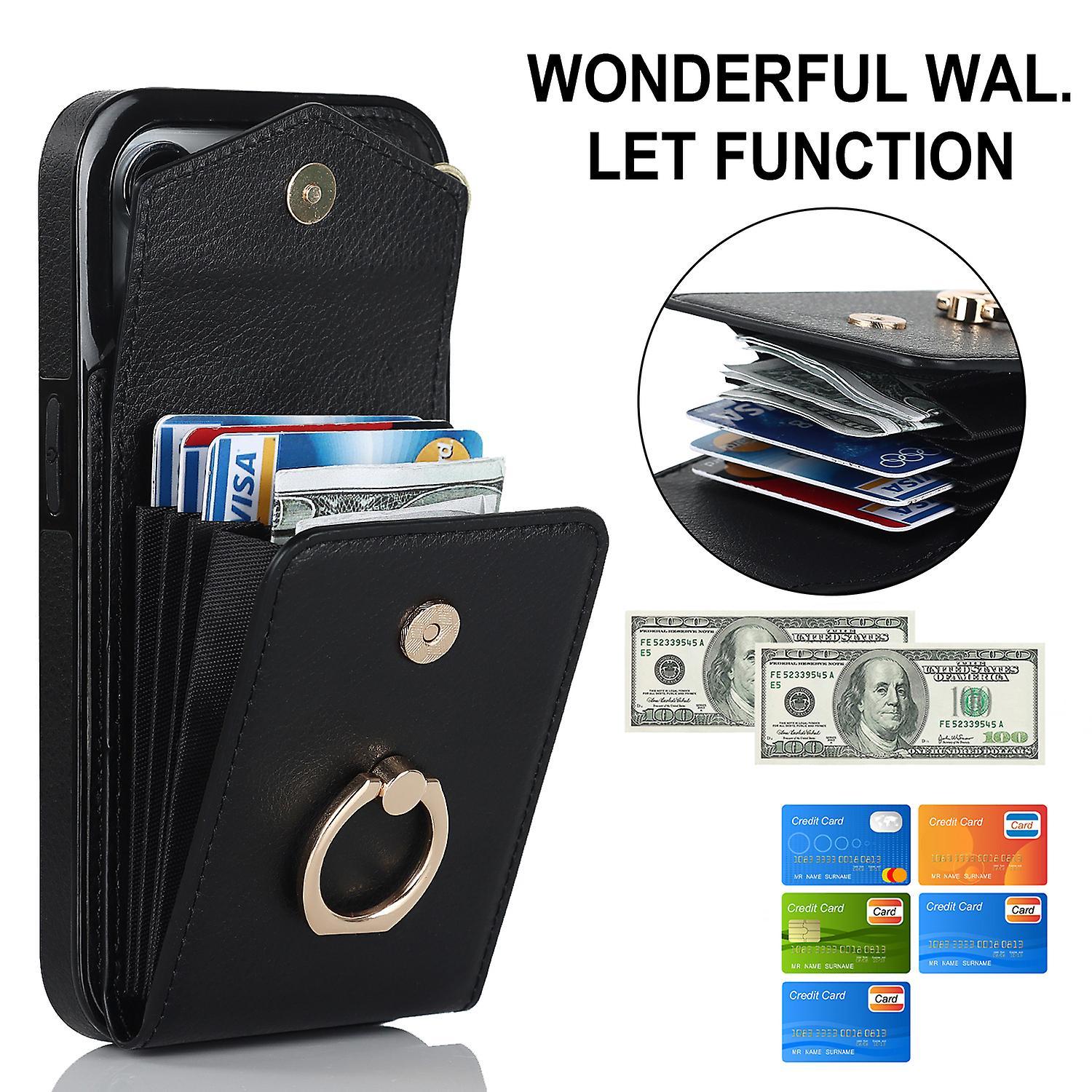 Darmowade Iphone 15 Pro Case With Card Holder With Stand Slim Pu Leather Wrist Strap Wallet Case Cover With Strap For Women Girl black