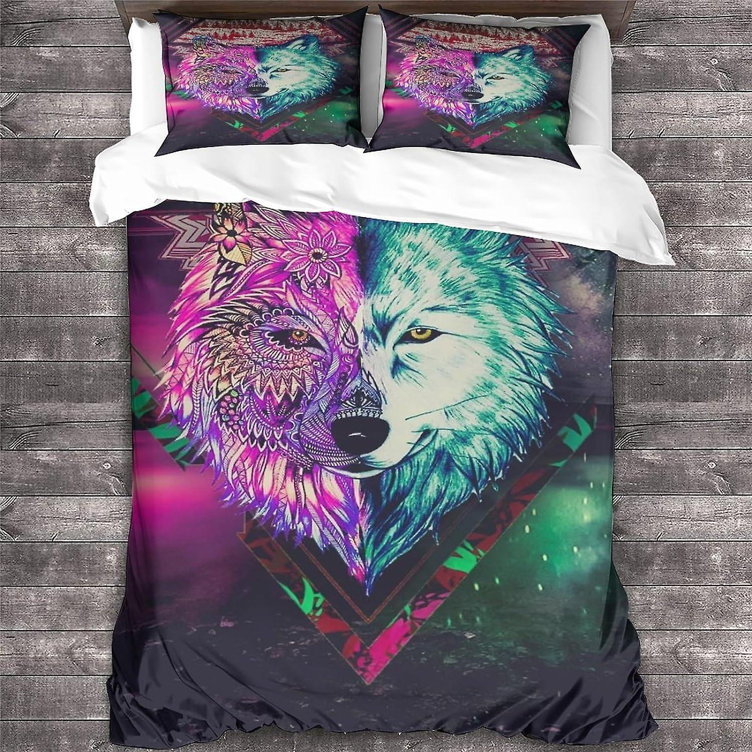 Kerota Wolf One Piece Wildlife Duvet Cover, Animal One Piece Bedding Set with Zipper - Duvet Cover Sets with Pillowcases D Single135x200cm