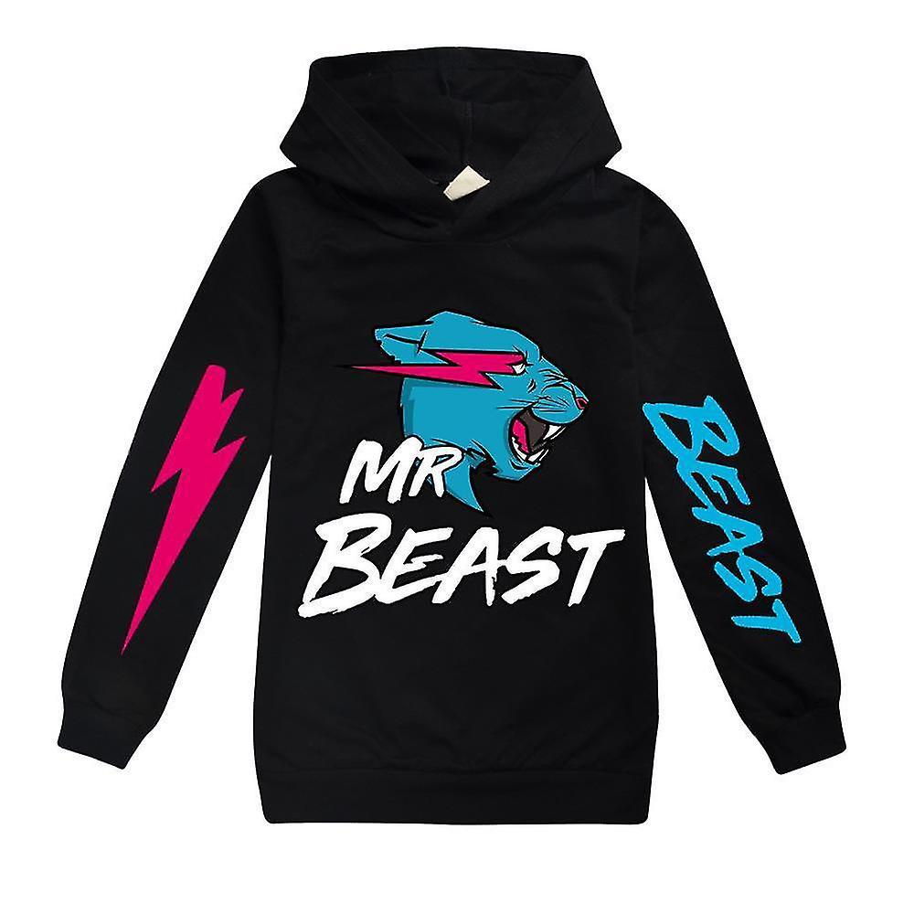 Jxlgv Kids Mr Beast Lightning Cat Print Hoodie Casual Sweatshirt Hooded Tops Jumper Black 7-8 Years