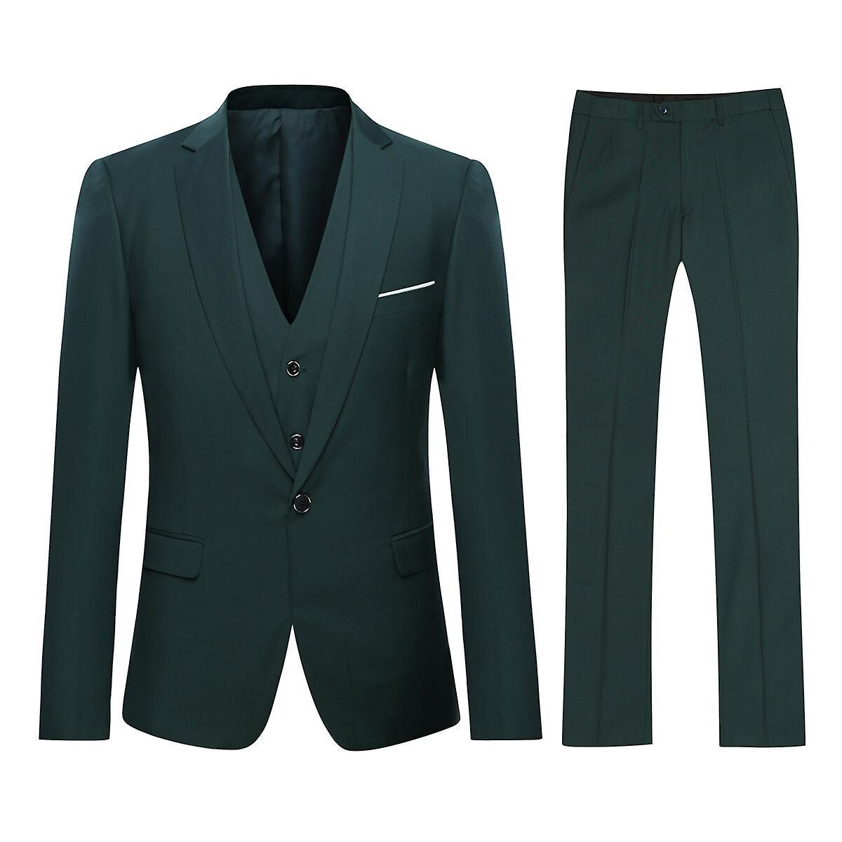 Allthemen Mens Suit 3-Piece Business Casual Solid Slim Suit Blazer Pants Vest 9 Colors Green 3XL