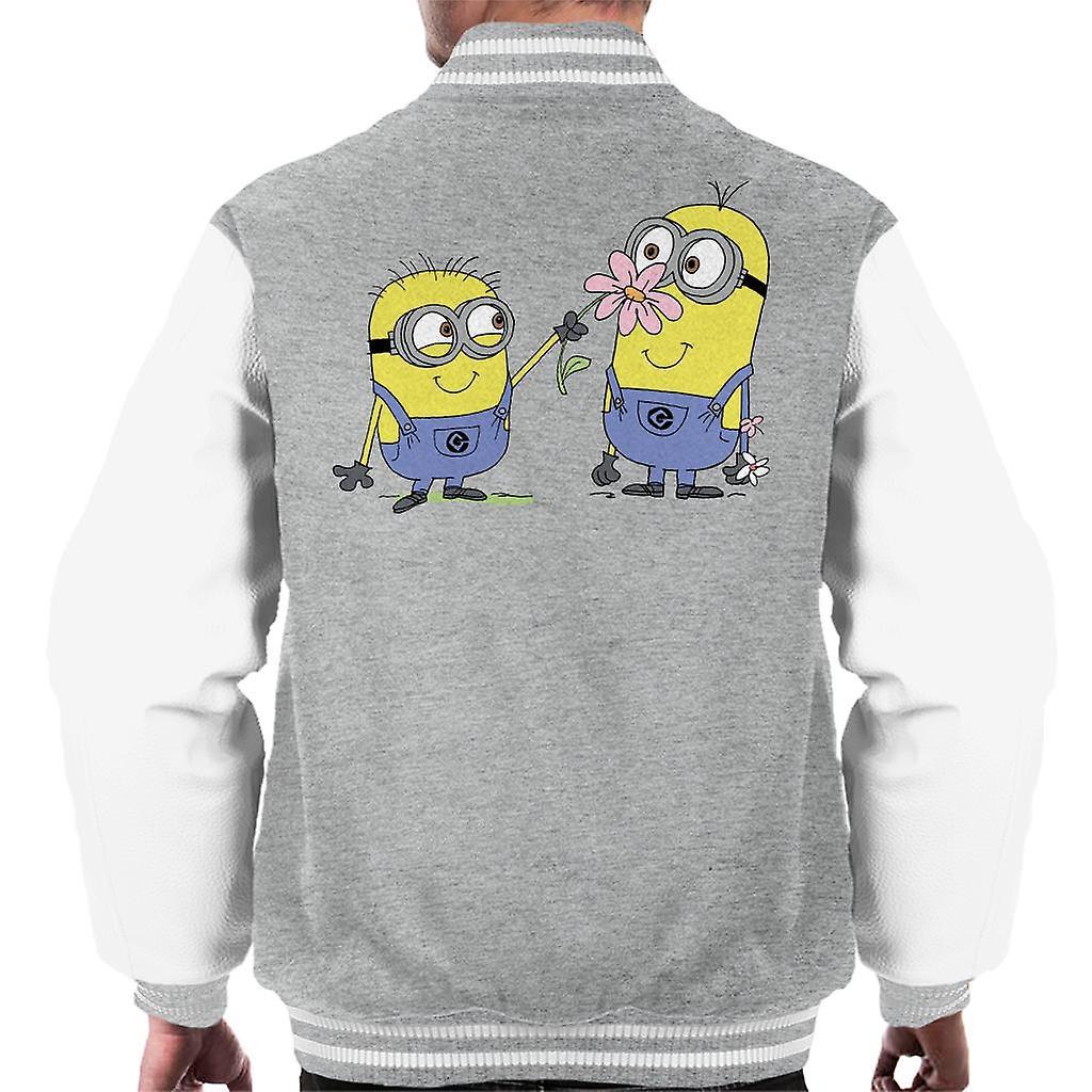 Despicable Me Minions Sniffing Flower Men's Varsity Jacket Heather Grey/White XX-Large