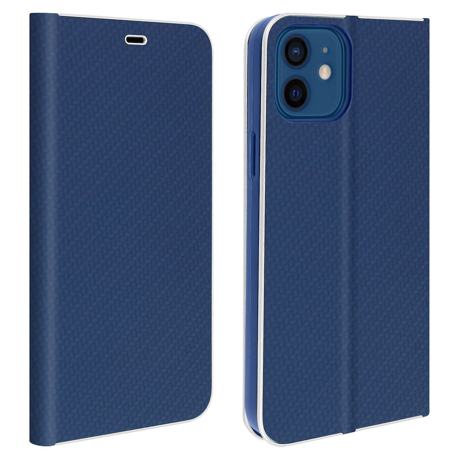 Avizar Folio Case For iPhone 12 / 12 Pro Card-holder & Stand Carbon Effect Navy Bleu Nuit