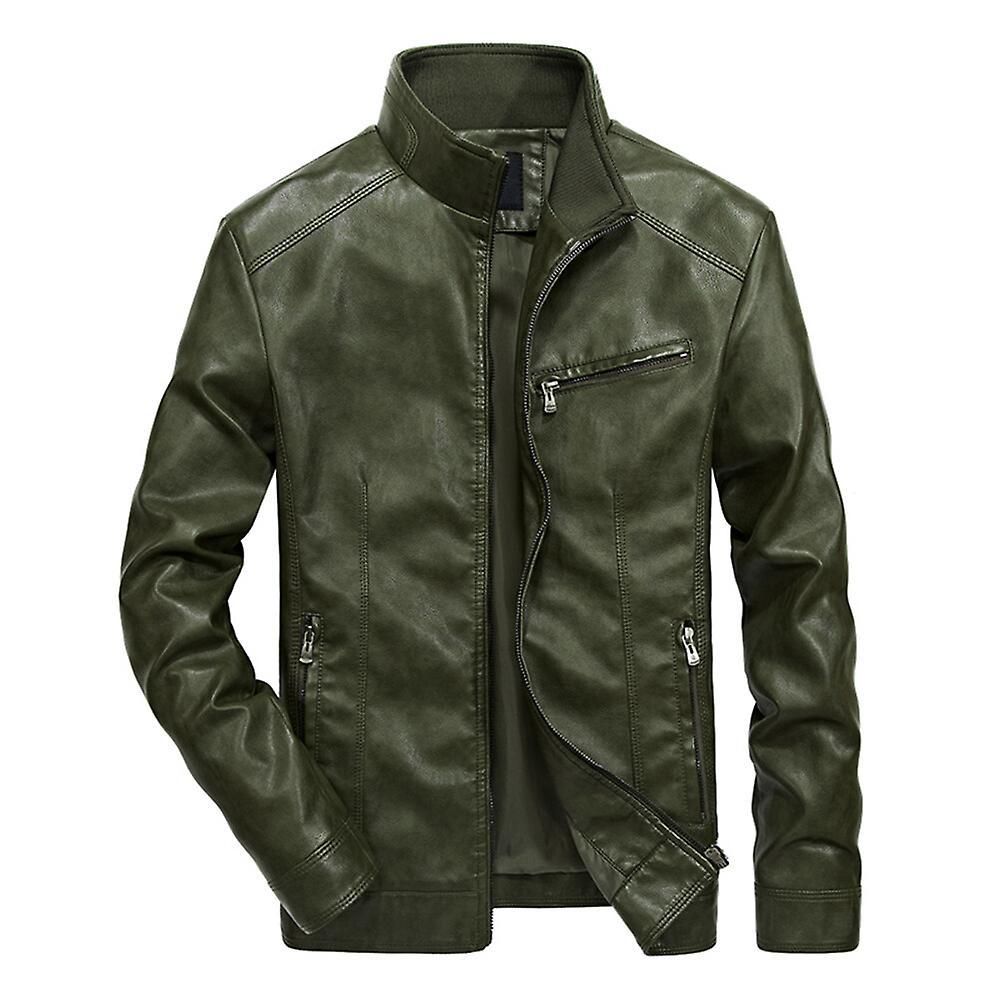 Allthemen Mens Casual Stand Collar Solid Leather Jacket Green XL