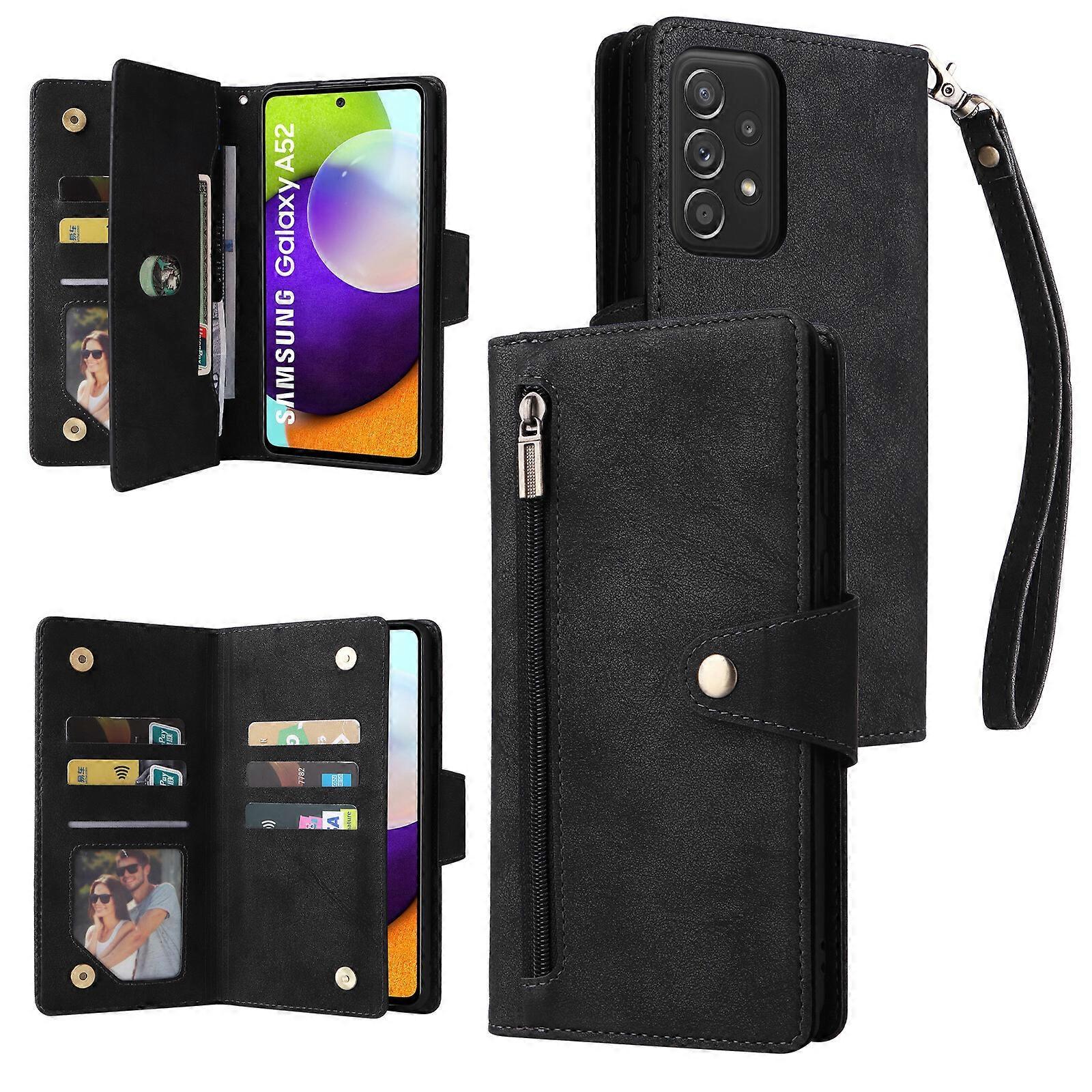 Foxdock Compatible with Samsung Galaxy A52S 5G Case PU Leather Magnetic Flip Zipper Card Holder Wallet Cover Black