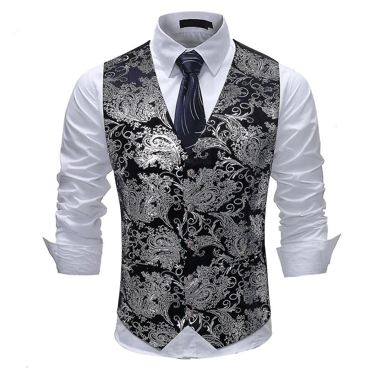 Yynuda Mens Hipster Metallic Paisley Printed Single Breasted V-neck Suit Vest/tuxedo Waistcoat Silver L