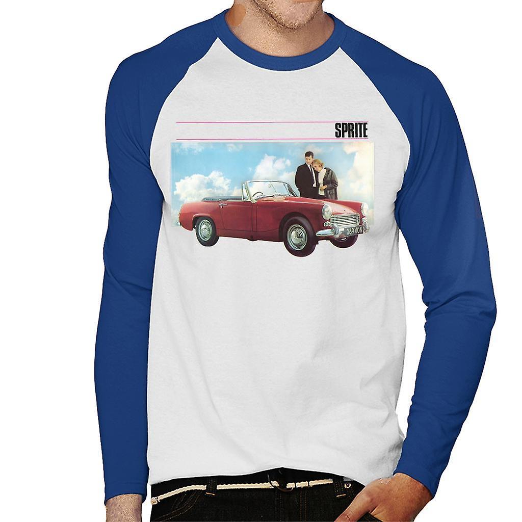 Austin Healey Sprite Mark IV Admired By Couple British Motor Heritage Men's Baseball Long Sleeved T-Shirt White/Royal Small