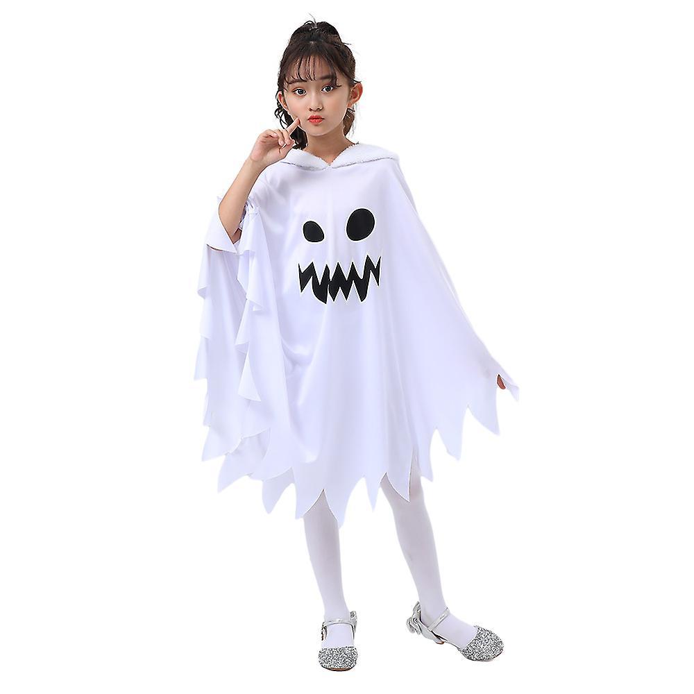 Bestdaily White Smiling Ghost Costumes For Kids, Glow In The Dark Smile Ghost Dress With Hood For Halloween Spooky Trick-or-treating 4-6 Years