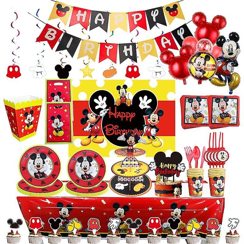 Duqi Mickey Mouse Birthday Decoration Supplies Kids Boys Mickey Theme Tableware Cups Plates Backdrop Balloons Party Decor Set 94pcs set