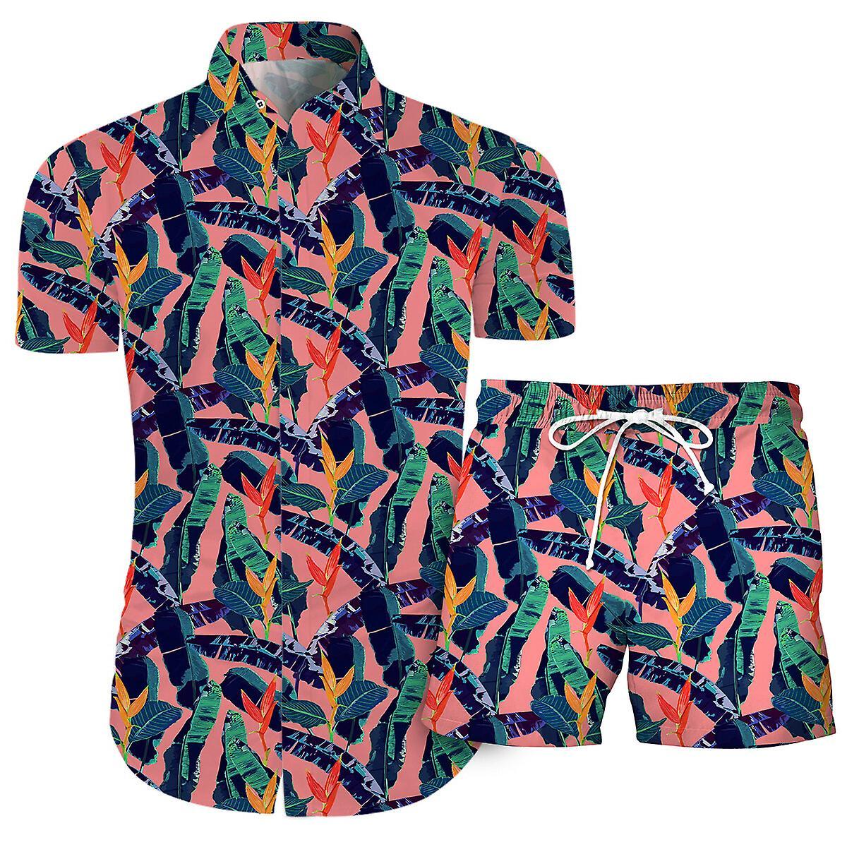 Allthemen Mens 2-Piece Summer Printed Beach Shirt&Shorts Pink/Blue/Green S