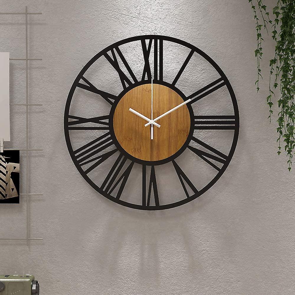 Kensty 40cm Round Wood Wall Clock Black for Living Room Decor,Vintage Roman Numeral Silent Non-ticking Hanging Clocks for Home Garden Office Cafe D...